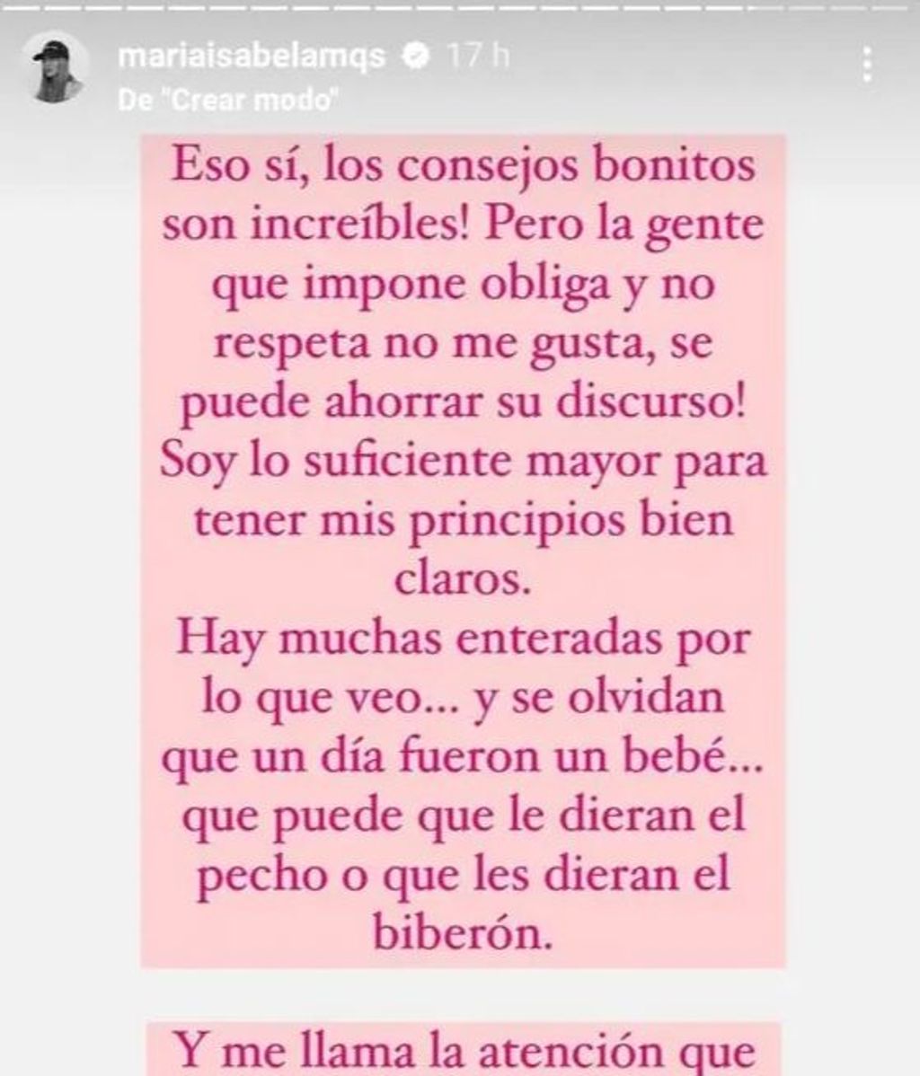 Mensaje de María Isabel en Instagram
