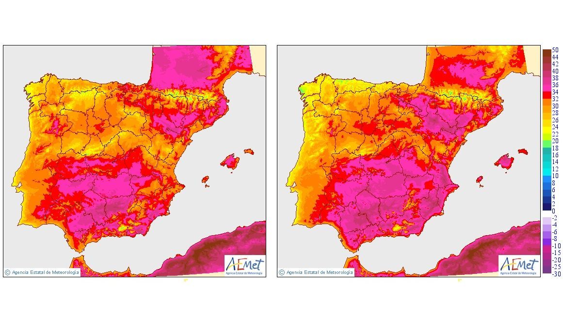 Temperaturas máximas para el lunes 29 (izda) y martes 30 (dcha)