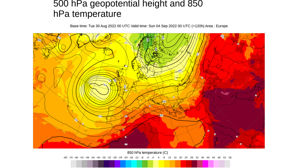 Temperatura y geopotencial 500 hPa previsto para el final de la semana