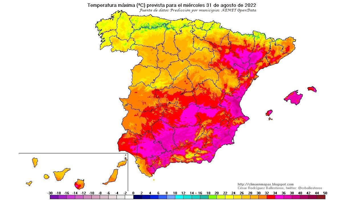 Temperaturas máximas previstas para el miércoles 31