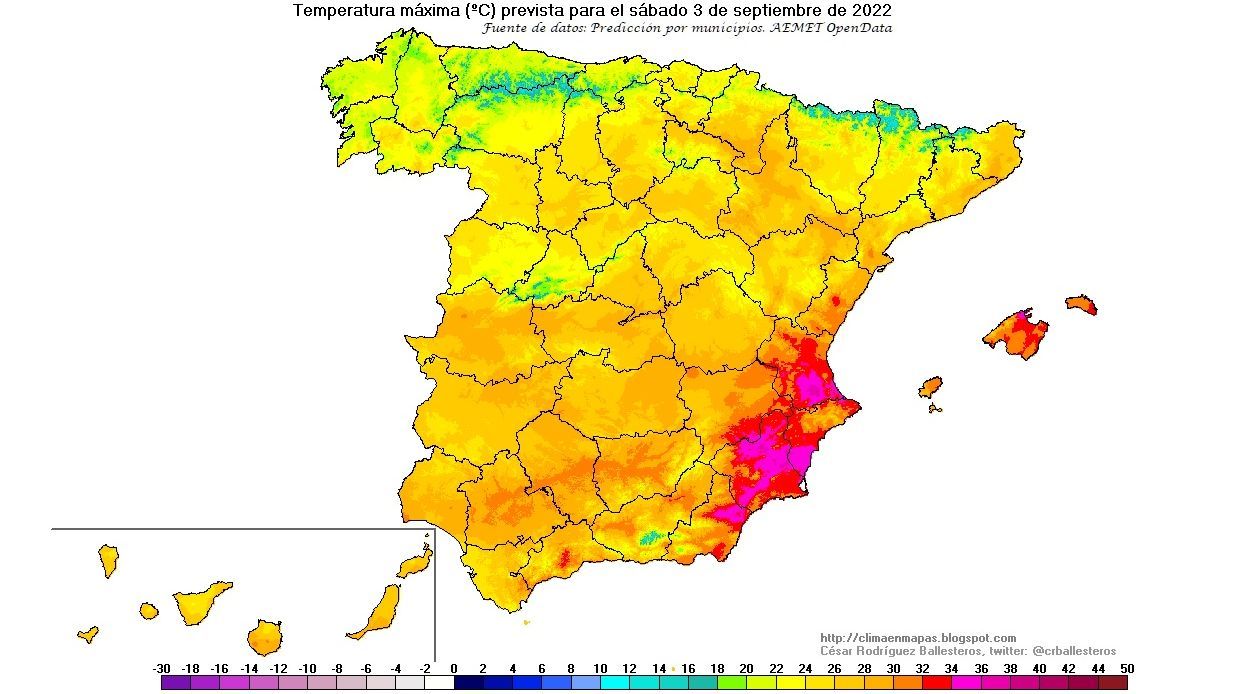 Temperaturas máximas previstas para el sábado 3