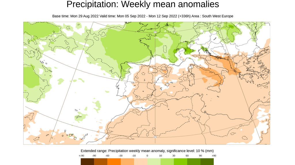 Anomalía de la precipitación prevista para la semana del 5 al 11 de sept