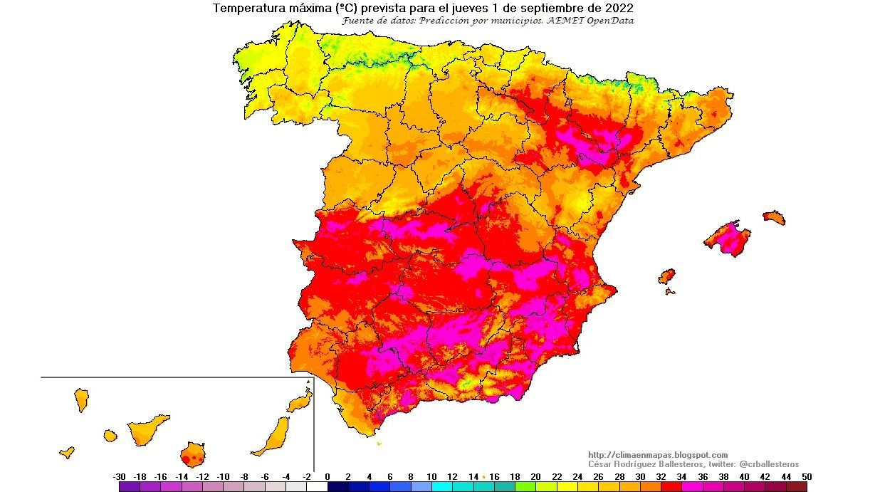 Temperaturas máximas previstas para el jueves 1 septiembre
