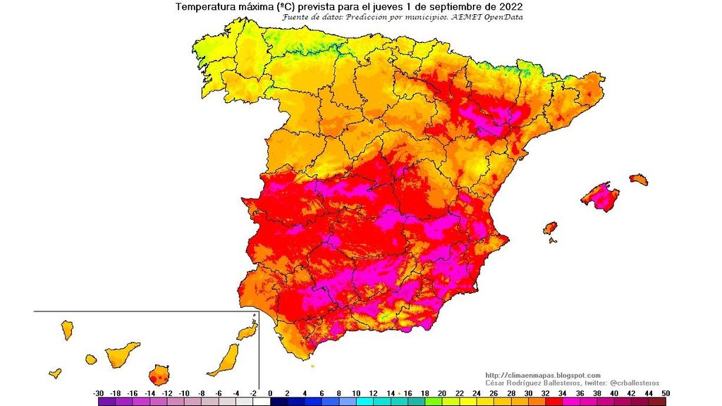 Temperaturas máximas previstas para el jueves 1 septiembre