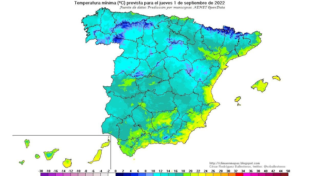 Temperaturas mínimas previstas para el jueves 1 septiembre