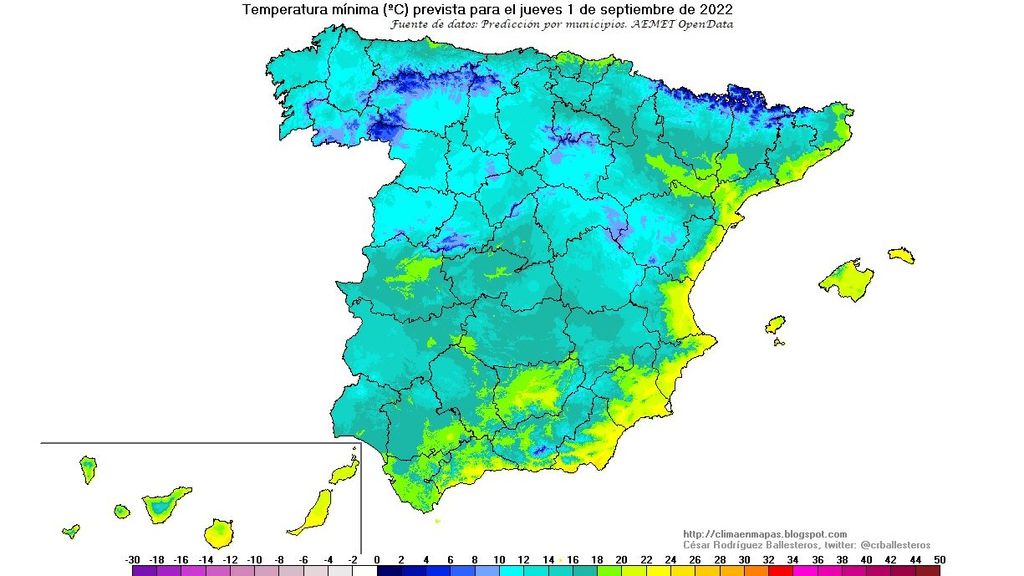 Temperaturas mínimas previstas para el jueves 1 septiembre