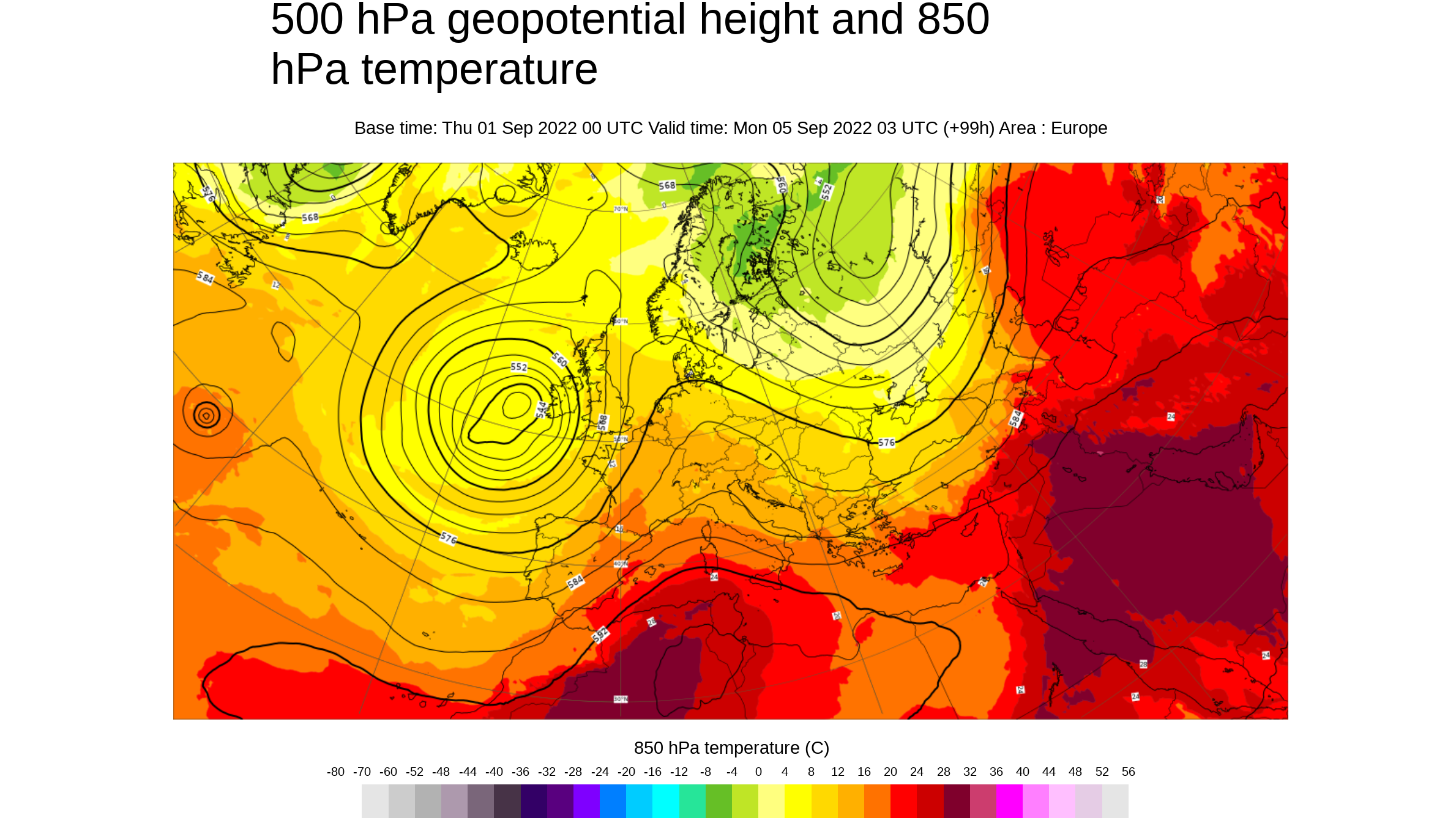 Temperatura y geopotencial 500 hPa previsto para el final de la semana