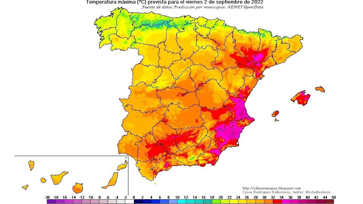 Temperaturas máximas previstas para el viernes 2