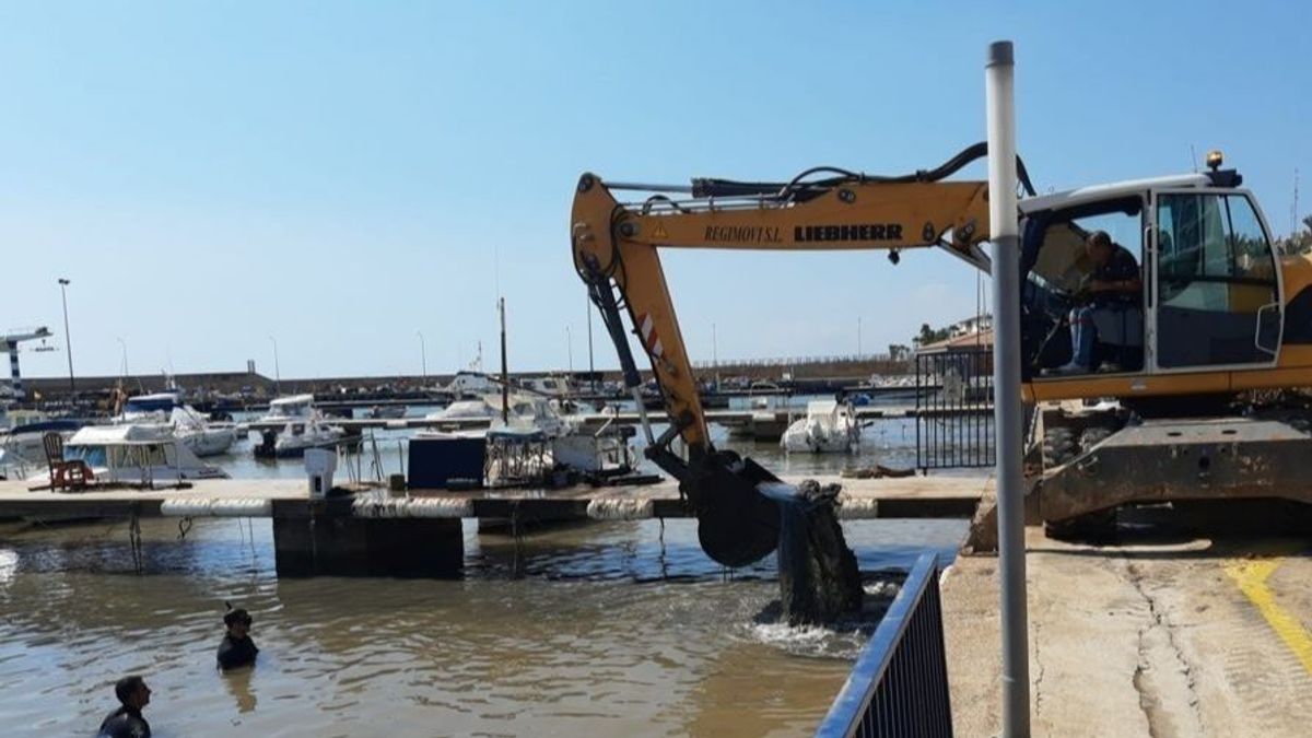 Una grúa opera en el puerto de Alcanar semanas después de las inundaciones