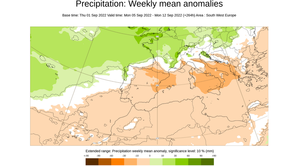 Anomalía de la precipitación prevista para la semana del 5 al 11 de septiembre 2022