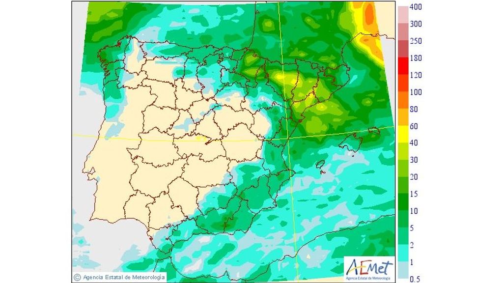 Precipitación máxima prevista el sábado en Península y Baleares