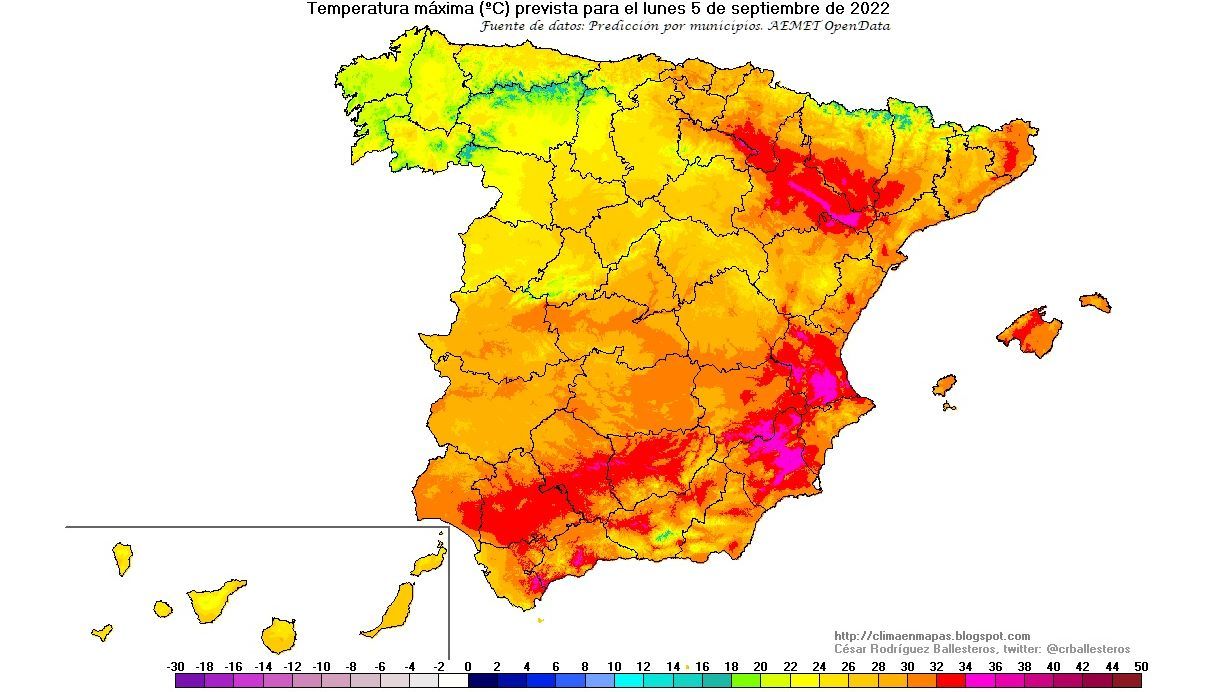 Temperaturas máximas previstas para el lunes 5