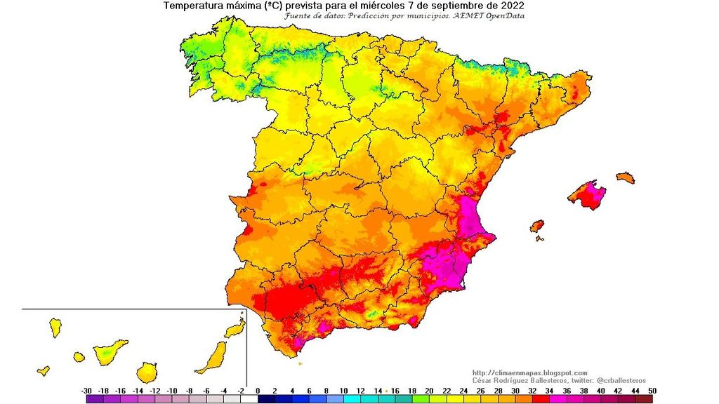 Temperaturas máximas previstas para el miércoles 7