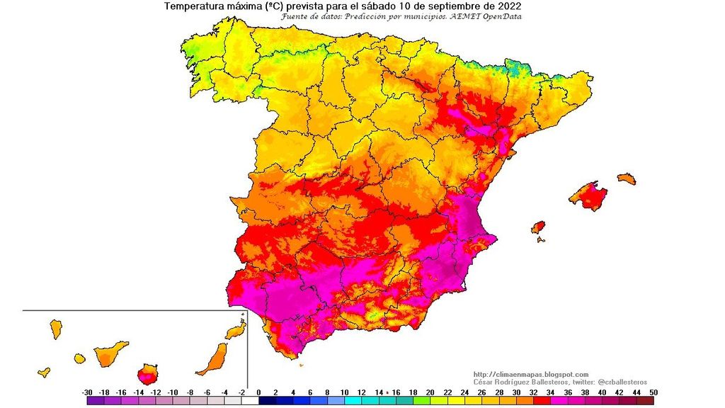 Temperaturas máximas previstas para el sábado 10