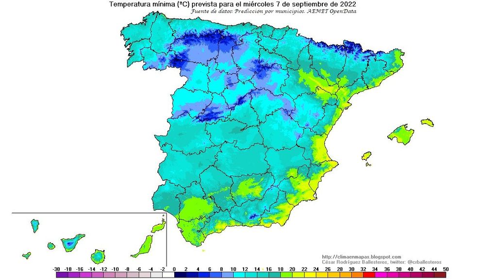 Temperaturas mínimas previstas para el miércoles 7