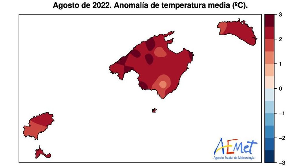 Anomalía de la temperatura media para el mes de agosto 2022 en las Baleares
