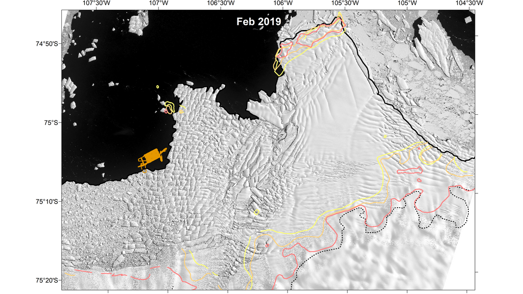 Mapa del glaciar Thwaites que se muestra en imágenes satelitales Landsat 8 recopiladas en febrero de 2019