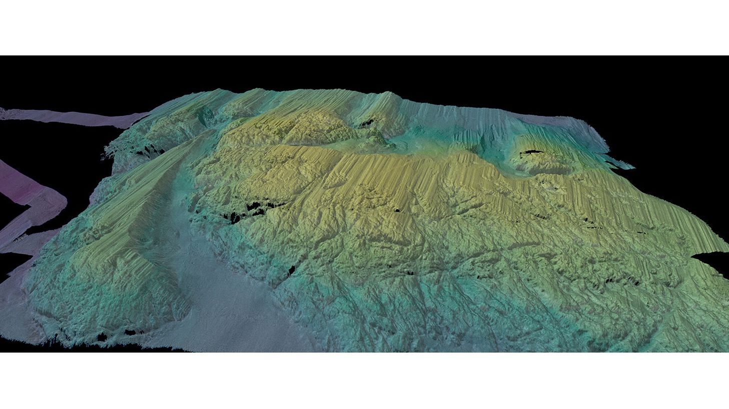 Una vista renderizada en 3D a través de una cresta del fondo marino, justo en frente de la plataforma de hielo Thwaites