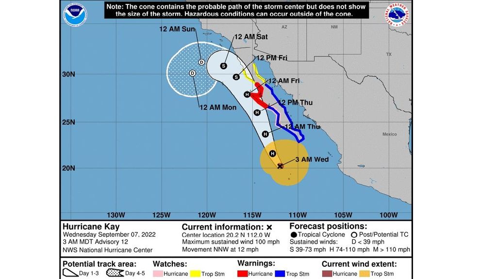 Alertas y previsión del huracán Kay tras tocar tierra en Baja California, México