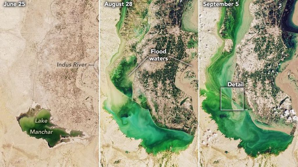 Imágenes satelitales del lago Manchar en Pakistán en tres fechas diferentes del verano 2022