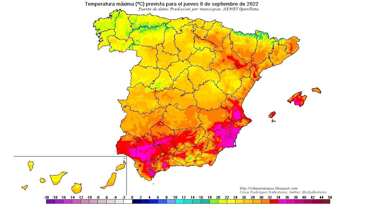 Temperaturas máximas previstas para el jueves 8