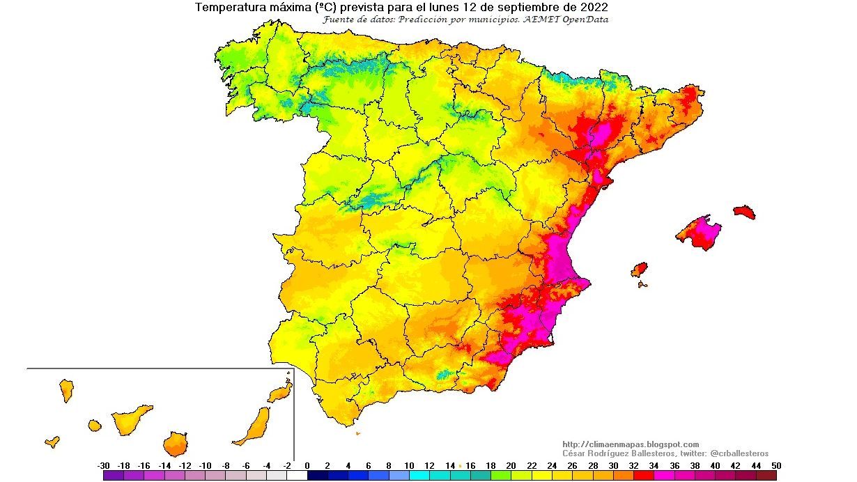 Temperaturas máximas previstas para el lunes 12