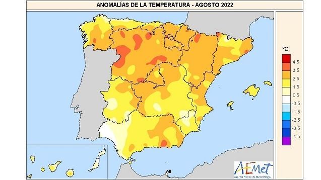 Anomalías térmicas en agosto de 2022