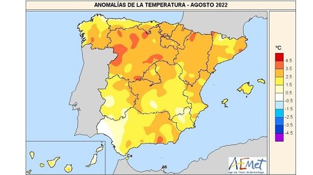 Anomalías térmicas en agosto de 2022