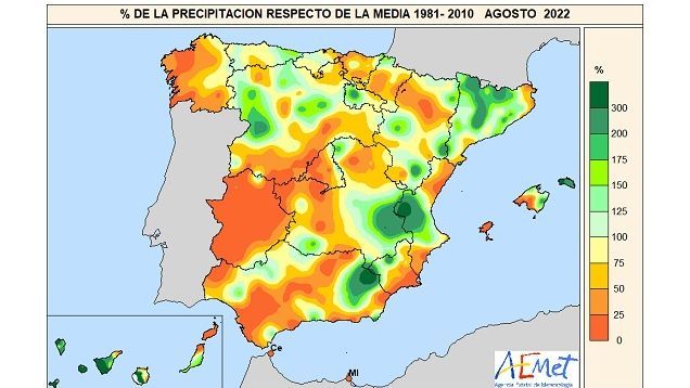 Porcentaje de la precipitación acumulada en agosto de 2022 respecto de la media 1981-2021