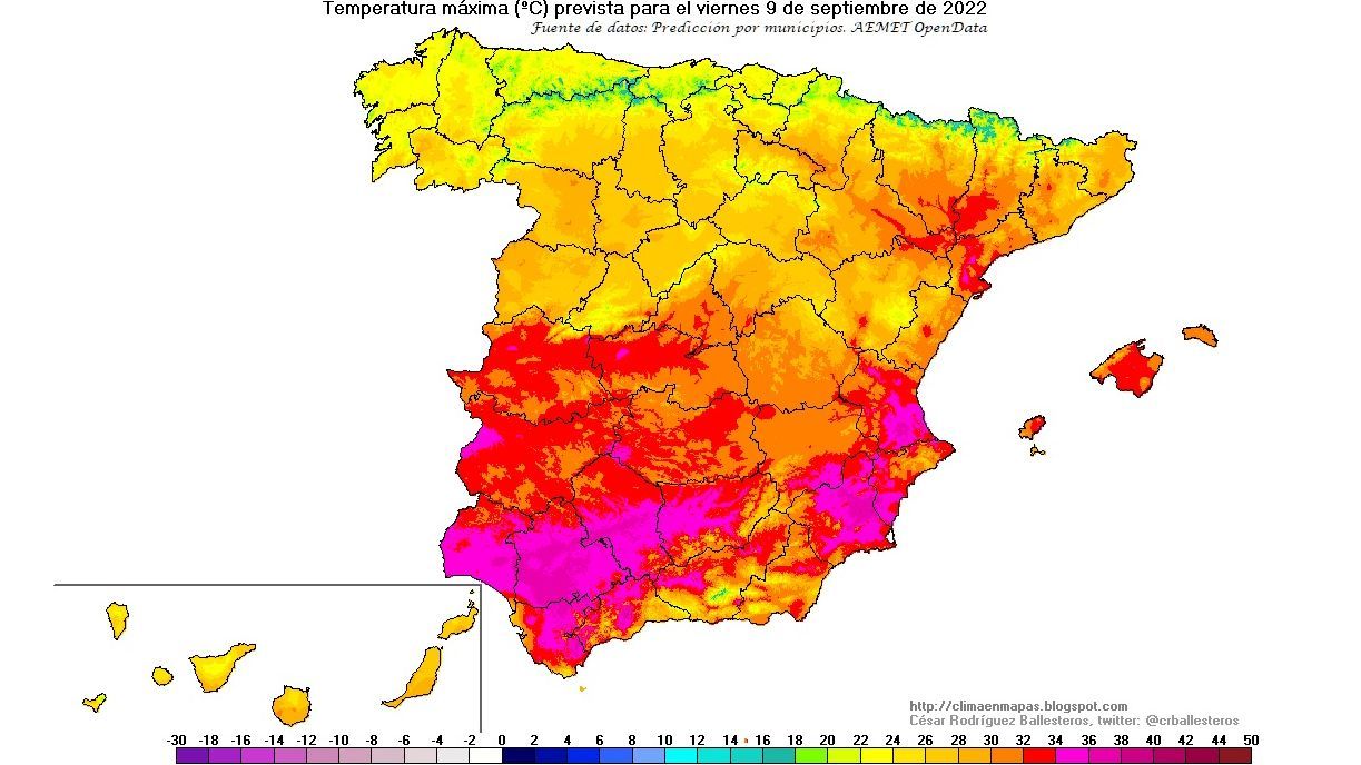Temperaturas máximas previstas para el viernes 9
