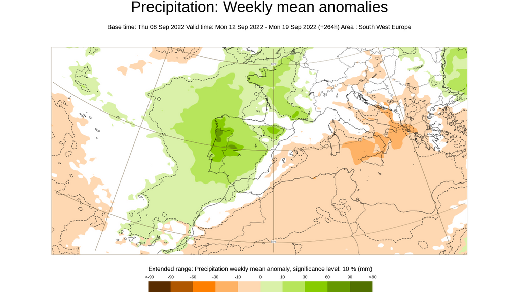 Anomalía de la precipitación prevista para la semana del 12 al 18 de sept