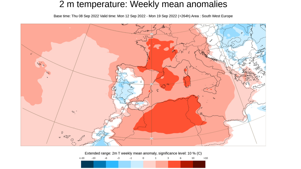 Anomalía de la temperatura prevista para la semana del 12 al 18 de sept