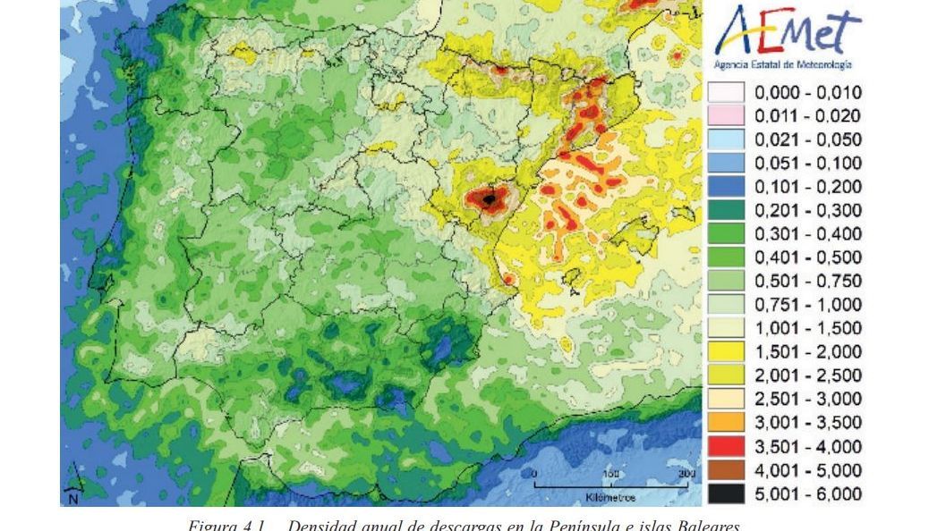 Densidad anual de descargas en la Península e islas Baleares (período 2007-2016)