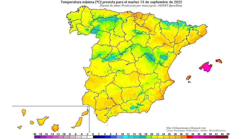 Temperaturas máximas previstas para el martes 13