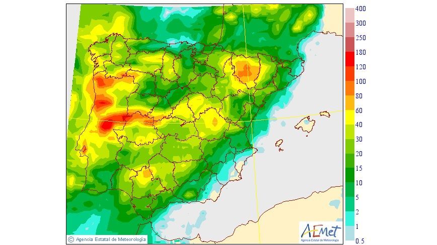 Precipitación máxima prevista para el martes 13