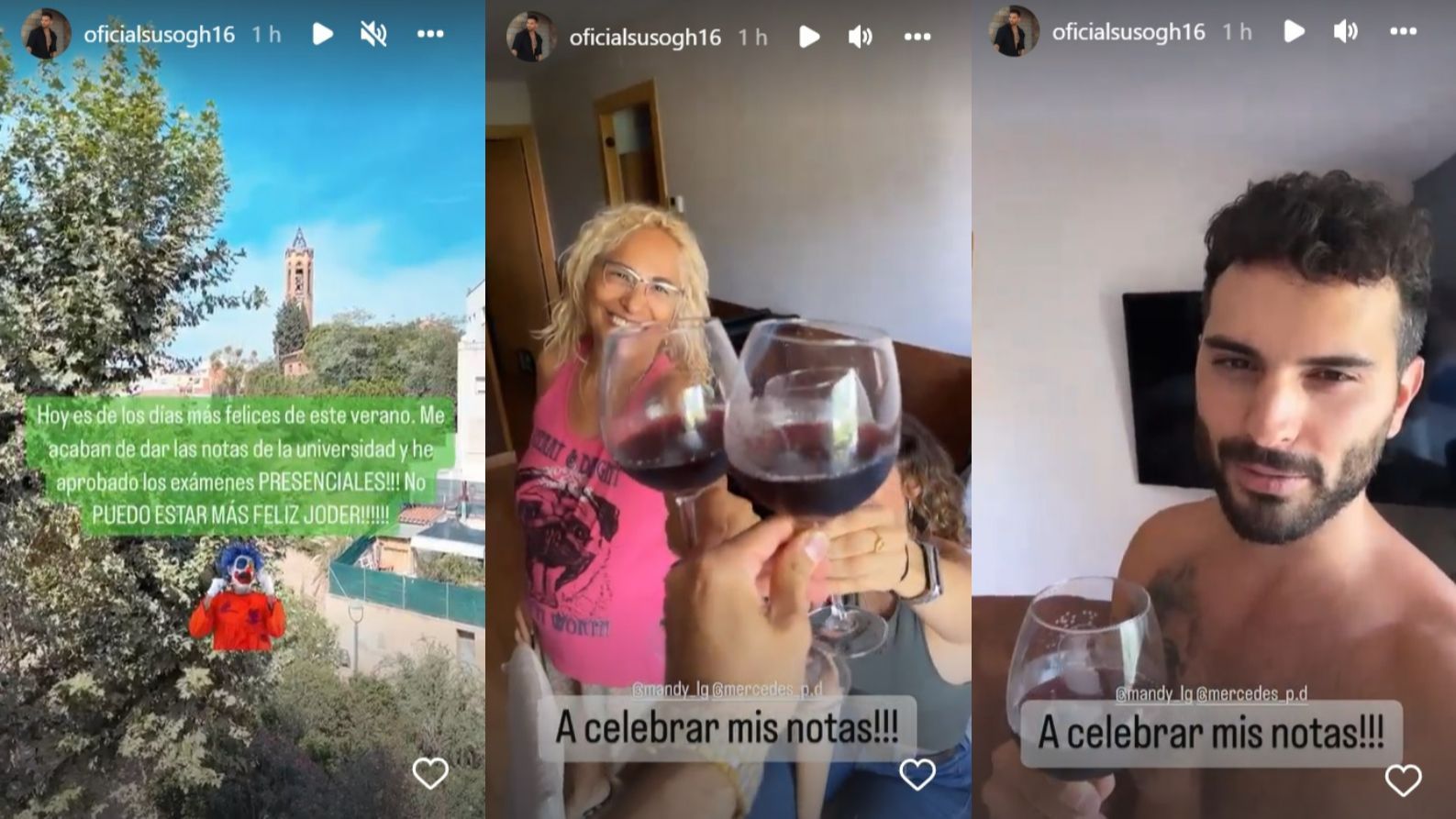 Suso Álvarez celebra con su madre y su novia haber aprobado sus exámenes presenciales