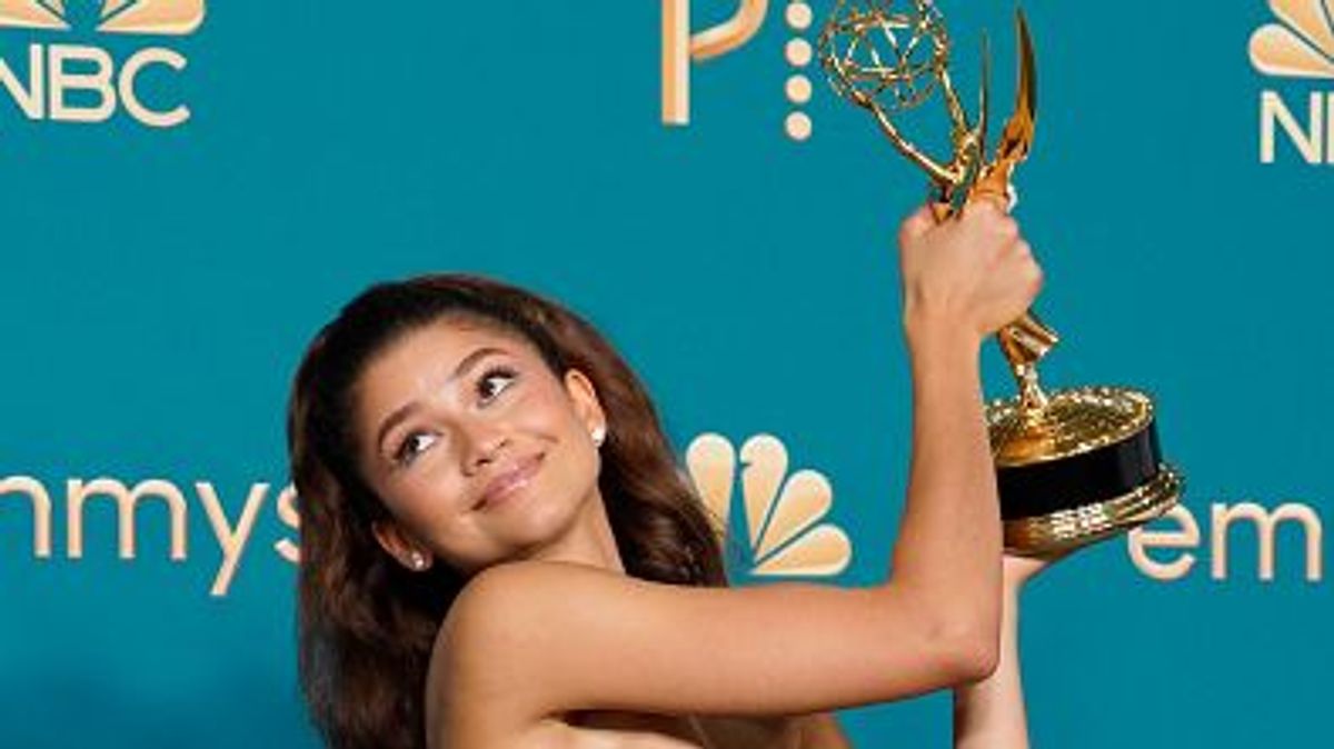LOS ANGELES, CA - SEPTEMBER 12:  74th ANNUAL PRIMETIME EMMY AWARDS -- Pictured: (l-r) Zendaya, winner of Lead Actress in a Drama Series for ?Euphoria?, poses in the press room during the 74th Annual Primetime Emmy Awards held at the Microsoft Theater on September 12, 2022. --  (Photo by Evans Vestal Ward/NBC via Getty Images)