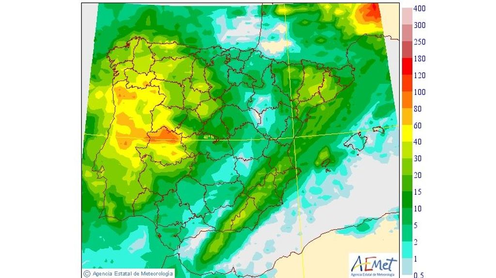 Precipitación máxima prevista para el miércoles 14