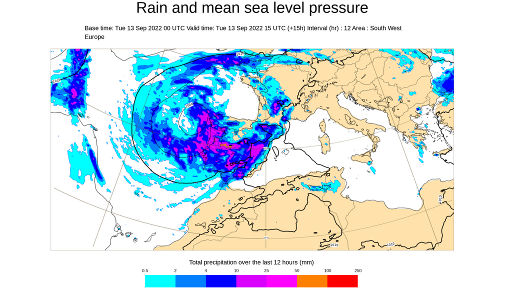 Precipitación prevista en intervalo 12 h el martes 13