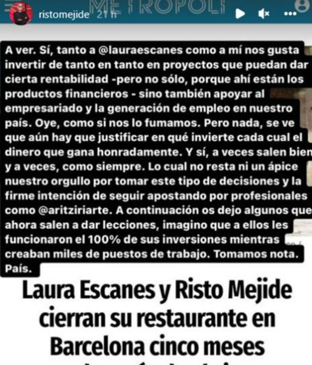 Risto Mejide responde a quienes les critica por su fallida inversión con Laura Escanes
