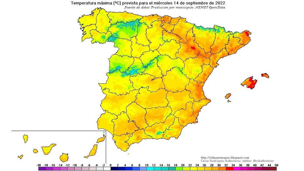 Temperaturas máximas previstas para el miércoles 14