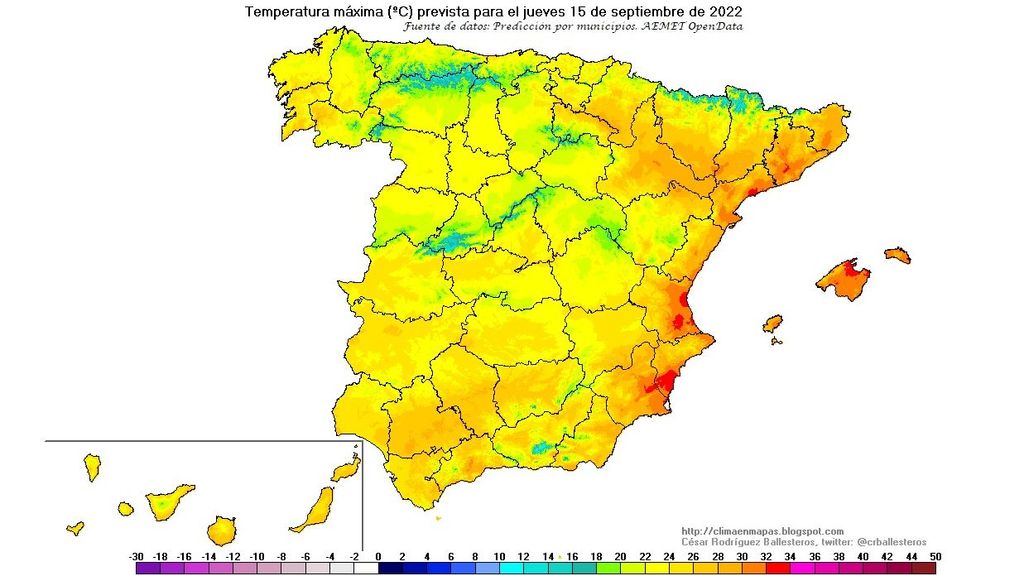 Temperaturas máximas previstas para el jueves 15