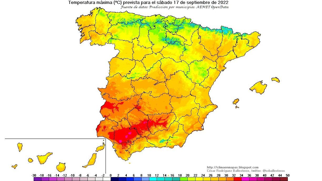 Temperaturas máximas previstas para el sábado 17