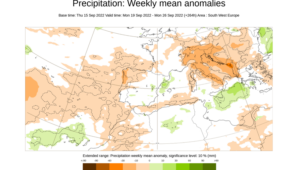 Anomalía de la precipitación prevista para la semana del 19 al 25 de sept