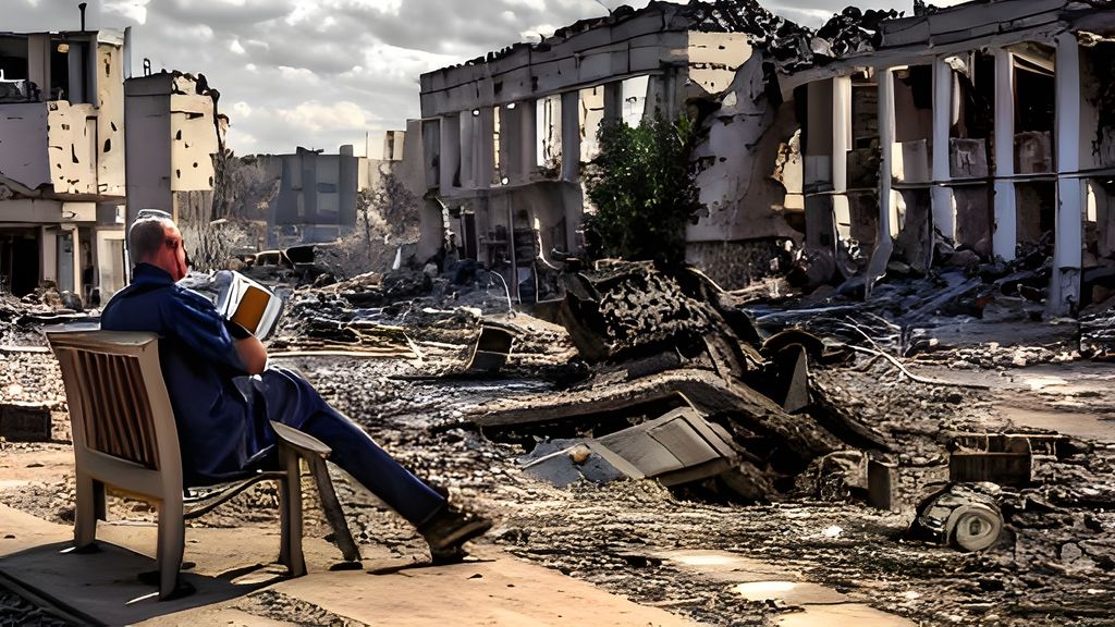 Imagen de un hombre en una ciudad en ruinas en Ucrania generada con la Inteligencia Artificial 'Stable Difusion'