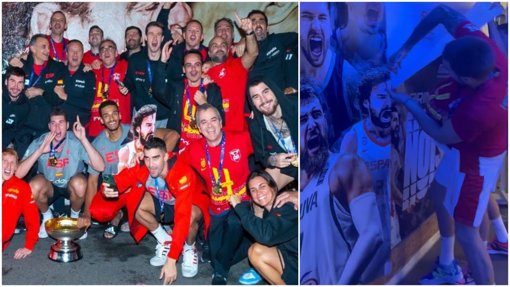 La selección española no se olvida de Llull tras ganar el Eurobasket: cortan un cartel con su cara para las fotos de la celebración