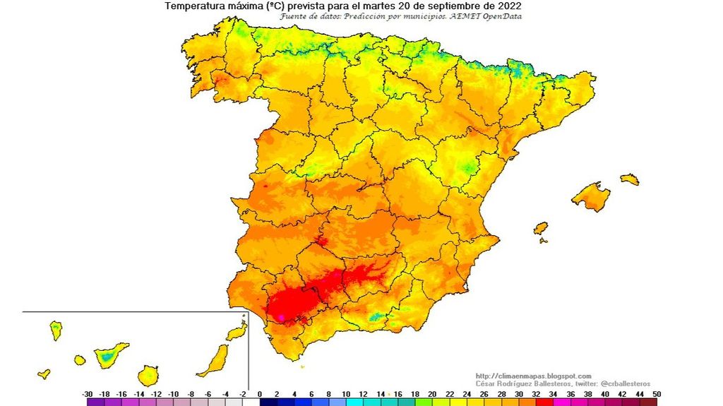 Temperaturas máximas previstas para el martes 20