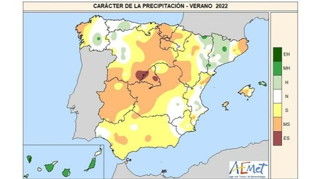 Carácter de la precipitación en el verano de 2022 con respecto al período de referencia 1981-2010