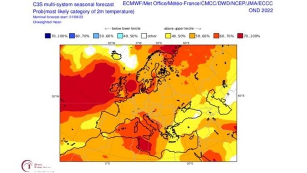 Predicción estacional de la temperatura prevista (por encima o por debajo del tercil) para el trimestre de octubre, noviembre y diciembre de 2022 en Europa