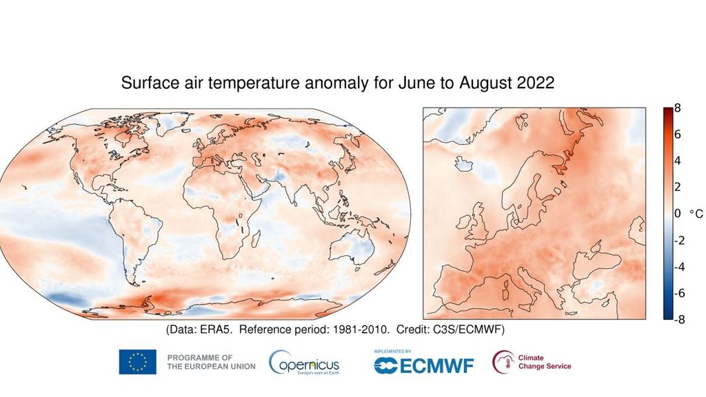 Anomalía de la temperatura del aire superficial para el verano de 2022 en relación con el promedio de 1981-2010